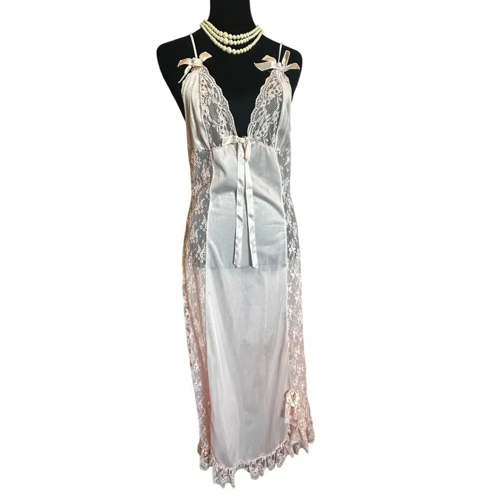 Pink Satin Lace Maxi Nightgown Floral Rosette 58 S Vintage